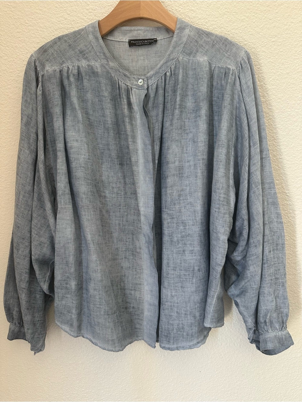 Francesca Bettini Linen Blend Top S Italy Button Batwing/Balloon Sleeve Blue